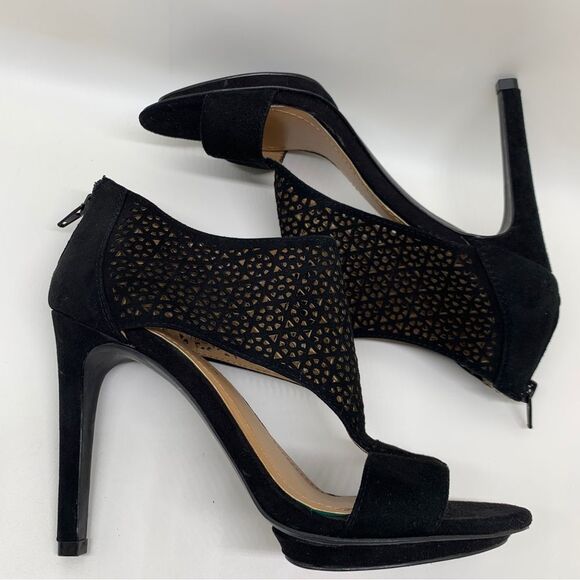 BCBGeneration Kadia Black Sz 7.5 Suede Lattice Stiletto Open Toe Zip Closure - Picture 9 of 13